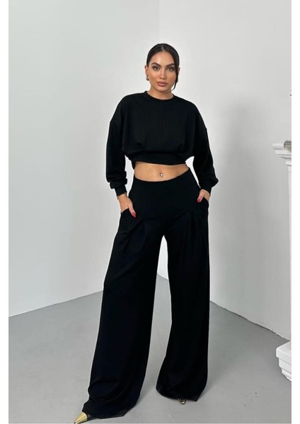Kadın Ikili Alt Üst Takım Modal Kumaş Düşük Omuz Bisiklet Yaka Crop Üst Piliseli Yüksek Bel Geniş Paça Cepli Pantolon Takım