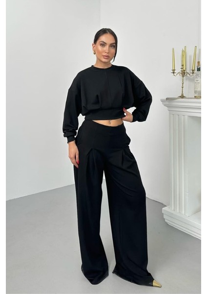 Kadın Ikili Alt Üst Takım Modal Kumaş Düşük Omuz Bisiklet Yaka Crop Üst Piliseli Yüksek Bel Geniş Paça Cepli Pantolon Takım fiyatları