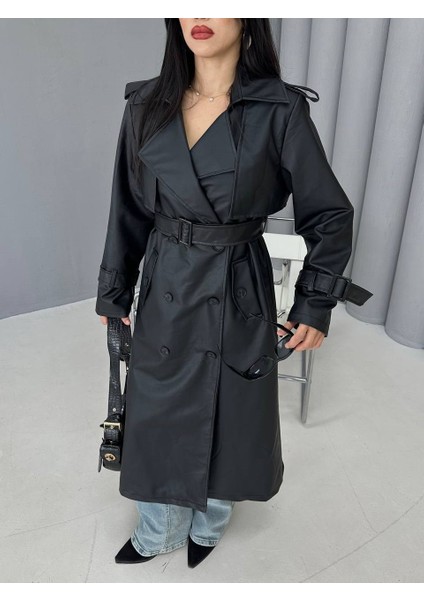 Kadın Trençkot Uzun Suni Deri Kemerli Düğmeli Cepli Yırtmaçlı Kruvaze Yaka Trençkot