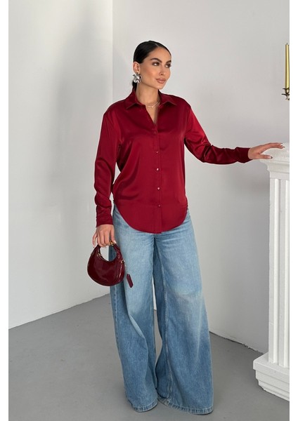 Kadın Gömlek Saten Uzun Kollu Düşük Omuz Düğmeli Şık Gömlek fırsatları