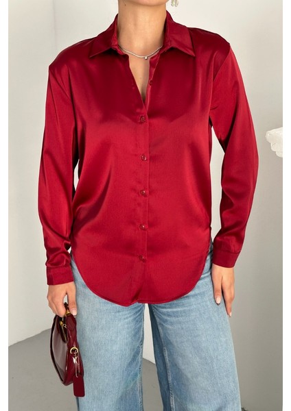 Kadın Gömlek Saten Uzun Kollu Düşük Omuz Düğmeli Şık Gömlek