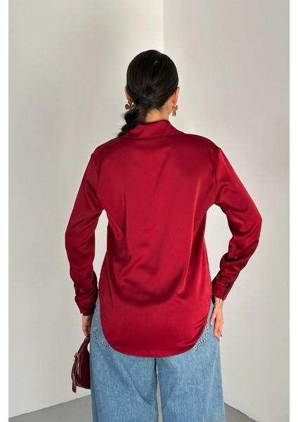 Kadın Gömlek Saten Uzun Kollu Düşük Omuz Düğmeli Şık Gömlek