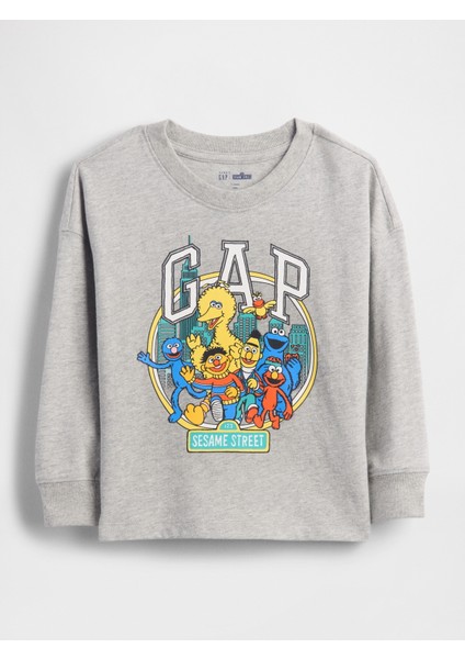 Erkek Bebek Gri Sesame Street Grafik Logo T-Shirt