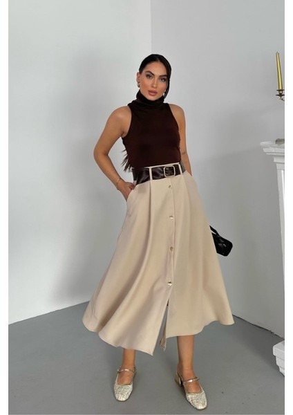 Kadın Elbise Midi Şık Kemerli Balıkçı Yaka Sıfır Kollu Eteği Düğmeli Cepli Kontrast Elbise