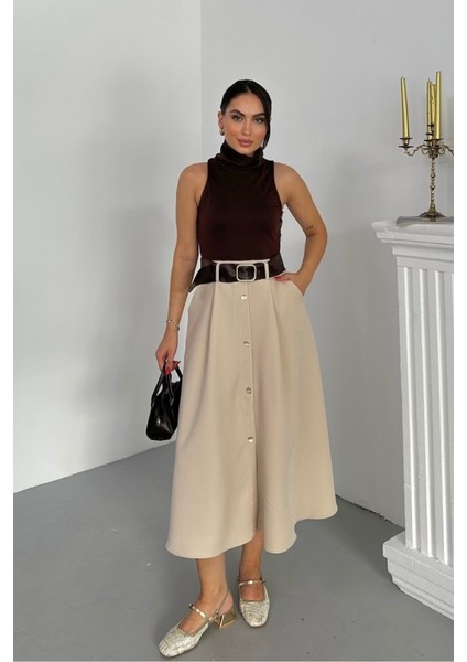 Kadın Elbise Midi Şık Kemerli Balıkçı Yaka Sıfır Kollu Eteği Düğmeli Cepli Kontrast Elbise fiyatları