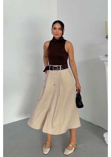 Kadın Elbise Midi Şık Kemerli Balıkçı Yaka Sıfır Kollu Eteği Düğmeli Cepli Kontrast Elbise fırsatları