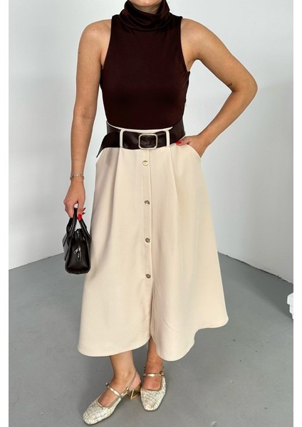 Kadın Elbise Midi Şık Kemerli Balıkçı Yaka Sıfır Kollu Eteği Düğmeli Cepli Kontrast Elbise