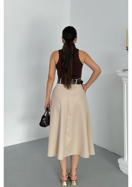 Kadın Elbise Midi Şık Kemerli Balıkçı Yaka Sıfır Kollu Eteği Düğmeli Cepli Kontrast Elbise