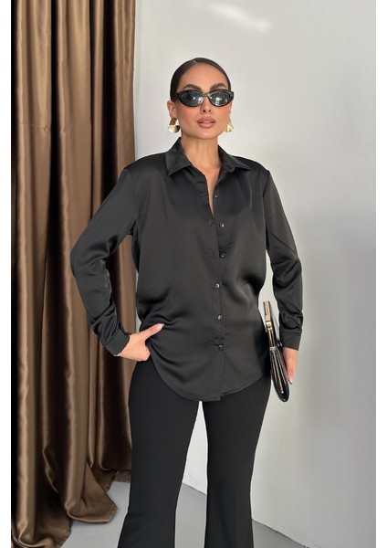 Kadın Gömlek Saten Uzun Kollu Düşük Omuz Düğmeli Şık Gömlek