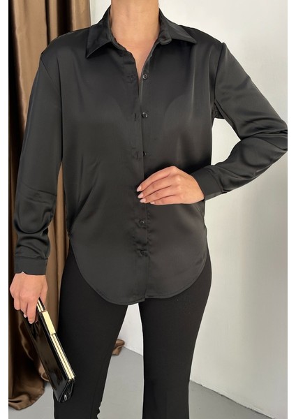 Kadın Gömlek Saten Uzun Kollu Düşük Omuz Düğmeli Şık Gömlek