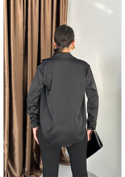 Kadın Gömlek Saten Uzun Kollu Düşük Omuz Düğmeli Şık Gömlek