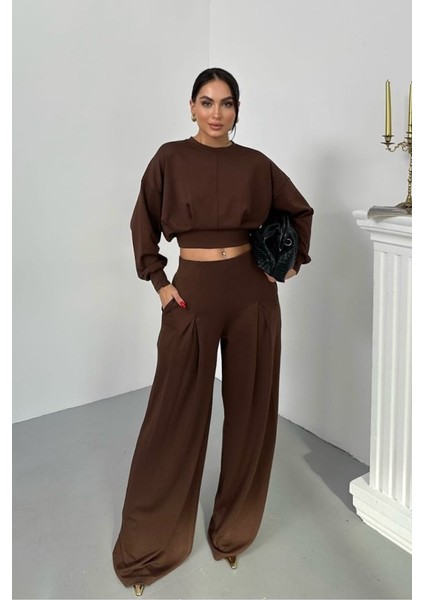 Kadın Ikili Alt Üst Takım Modal Kumaş Düşük Omuz Bisiklet Yaka Crop Üst Piliseli Yüksek Bel Geniş Paça Cepli Pantolon Takım