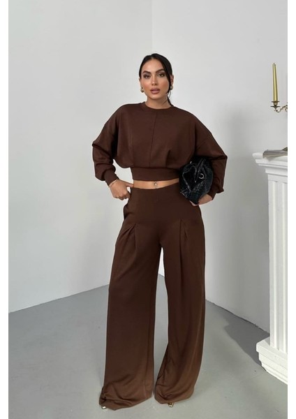 Kadın Ikili Alt Üst Takım Modal Kumaş Düşük Omuz Bisiklet Yaka Crop Üst Piliseli Yüksek Bel Geniş Paça Cepli Pantolon Takım fiyatları