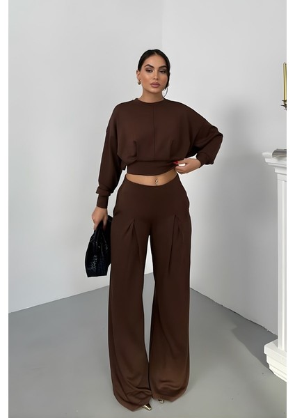 Kadın Ikili Alt Üst Takım Modal Kumaş Düşük Omuz Bisiklet Yaka Crop Üst Piliseli Yüksek Bel Geniş Paça Cepli Pantolon Takım modelleri
