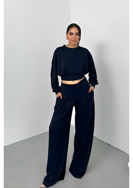 Kadın Ikili Alt Üst Takım Modal Kumaş Düşük Omuz Bisiklet Yaka Crop Üst Piliseli Yüksek Bel Geniş Paça Cepli Pantolon Takım