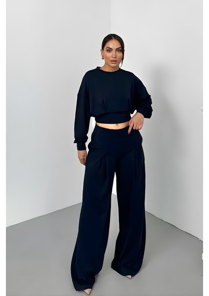 Kadın Ikili Alt Üst Takım Modal Kumaş Düşük Omuz Bisiklet Yaka Crop Üst Piliseli Yüksek Bel Geniş Paça Cepli Pantolon Takım fiyatları