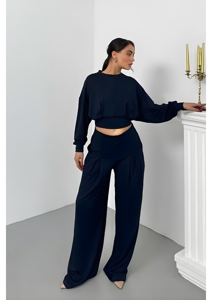 Kadın Ikili Alt Üst Takım Modal Kumaş Düşük Omuz Bisiklet Yaka Crop Üst Piliseli Yüksek Bel Geniş Paça Cepli Pantolon Takım modelleri