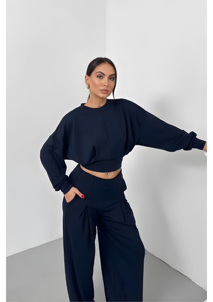 Kadın Ikili Alt Üst Takım Modal Kumaş Düşük Omuz Bisiklet Yaka Crop Üst Piliseli Yüksek Bel Geniş Paça Cepli Pantolon Takım fırsatları