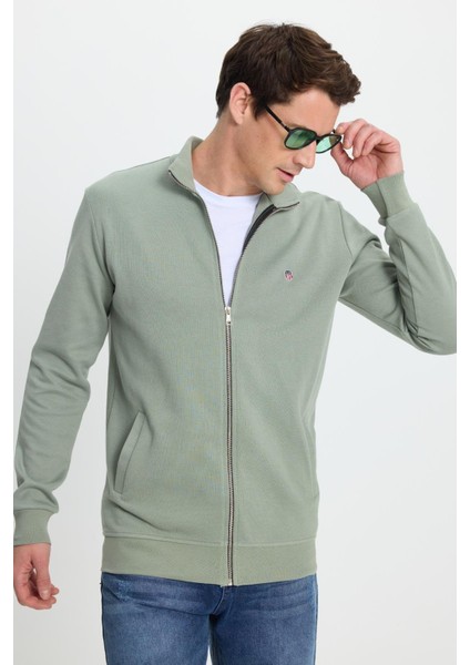 Erkek Slim Fit Dar Kesim Pamuklu Tam Fermuarlı Çift Cepli Dik Yaka Yeşil Sweatshirt Hırka