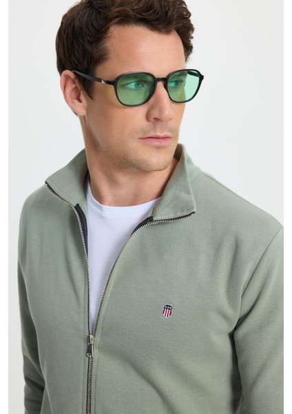 Erkek Slim Fit Dar Kesim Pamuklu Tam Fermuarlı Çift Cepli Dik Yaka Yeşil Sweatshirt Hırka fiyatları