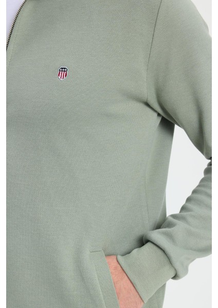 Erkek Slim Fit Dar Kesim Pamuklu Tam Fermuarlı Çift Cepli Dik Yaka Yeşil Sweatshirt Hırka modelleri