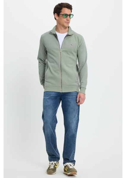 Erkek Slim Fit Dar Kesim Pamuklu Tam Fermuarlı Çift Cepli Dik Yaka Yeşil Sweatshirt Hırka fırsatları