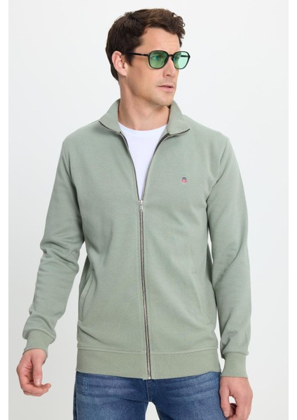 Erkek Slim Fit Dar Kesim Pamuklu Tam Fermuarlı Çift Cepli Dik Yaka Yeşil Sweatshirt Hırka indirimleri
