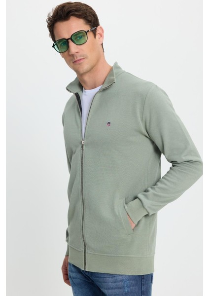 Erkek Slim Fit Dar Kesim Pamuklu Tam Fermuarlı Çift Cepli Dik Yaka Yeşil Sweatshirt Hırka