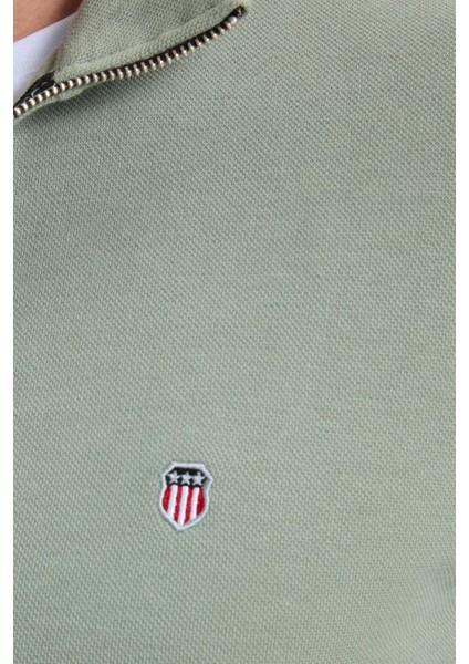 Erkek Slim Fit Dar Kesim Pamuklu Tam Fermuarlı Çift Cepli Dik Yaka Yeşil Sweatshirt Hırka