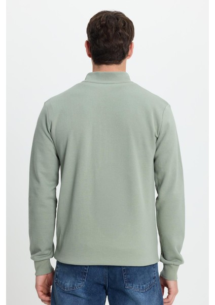 Erkek Slim Fit Dar Kesim Pamuklu Tam Fermuarlı Çift Cepli Dik Yaka Yeşil Sweatshirt Hırka
