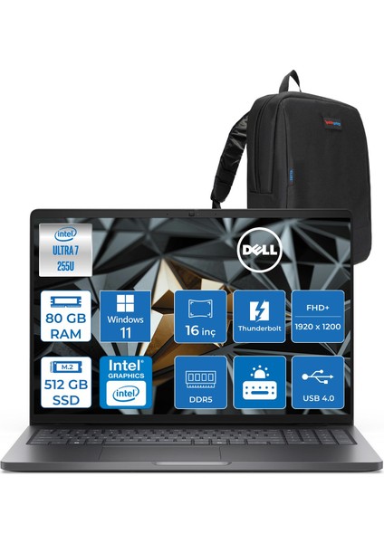Pro 16 Intel Core Ultra 7 255U 5.2ghz 80GB Ddr5 512GB SSD Windows 11 Pro Intel® Aı Boost 16 Inç IPS Fullhd+ (1920X1200) Taşınabilir Bilgisayar PC16250BTO107P32 + Zetta Çanta
