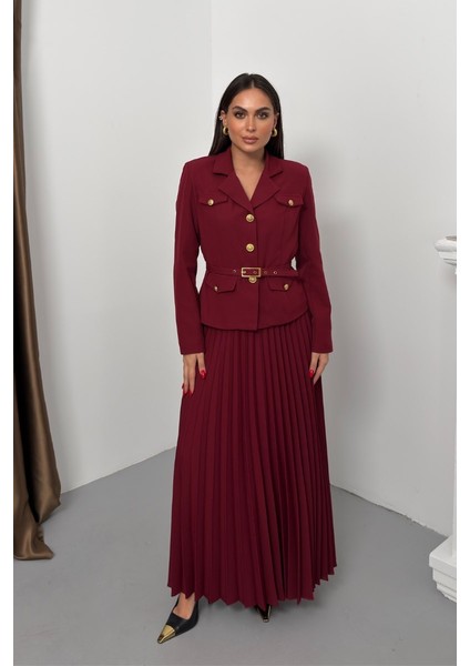 Kadın Ikili Alt Üst Takım Şık Kemerli Cep ve Düğme Detaylı Kısa Blazer Ceket Piliseli Uzun Etek Takım fiyatları