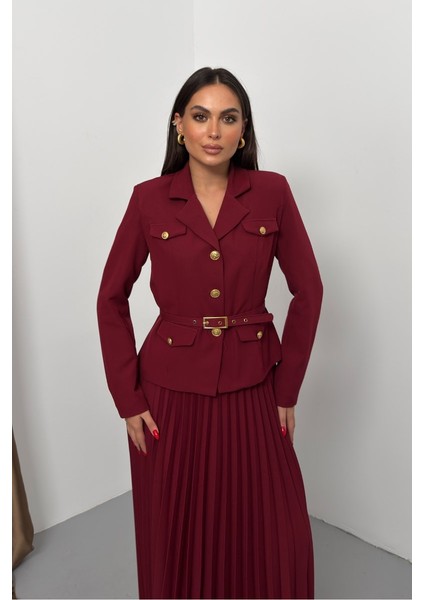 Kadın Ikili Alt Üst Takım Şık Kemerli Cep ve Düğme Detaylı Kısa Blazer Ceket Piliseli Uzun Etek Takım indirimleri