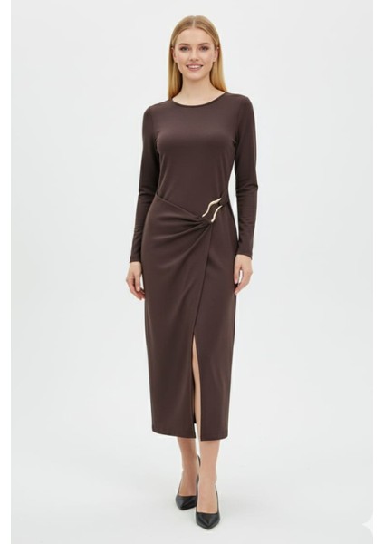 Kadın Kruvaze Yakalı Yırtmaçlı Midi Elbise