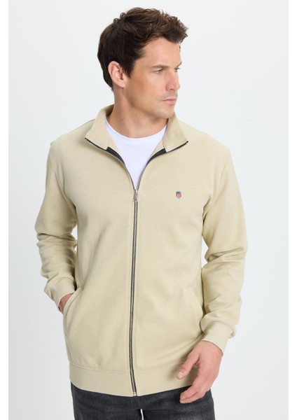Erkek Slim Fit Dar Kesim Pamuklu Tam Fermuarlı Çift Cepli Dik Yaka Krem Sweatshirt Hırka