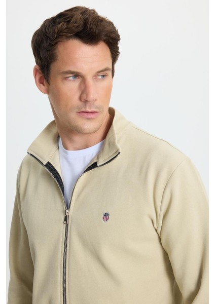 Erkek Slim Fit Dar Kesim Pamuklu Tam Fermuarlı Çift Cepli Dik Yaka Krem Sweatshirt Hırka fiyatları