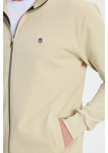 Erkek Slim Fit Dar Kesim Pamuklu Tam Fermuarlı Çift Cepli Dik Yaka Krem Sweatshirt Hırka modelleri