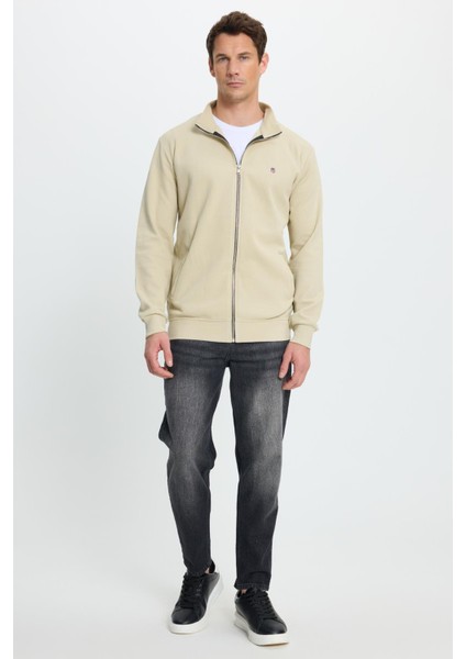 Erkek Slim Fit Dar Kesim Pamuklu Tam Fermuarlı Çift Cepli Dik Yaka Krem Sweatshirt Hırka fırsatları