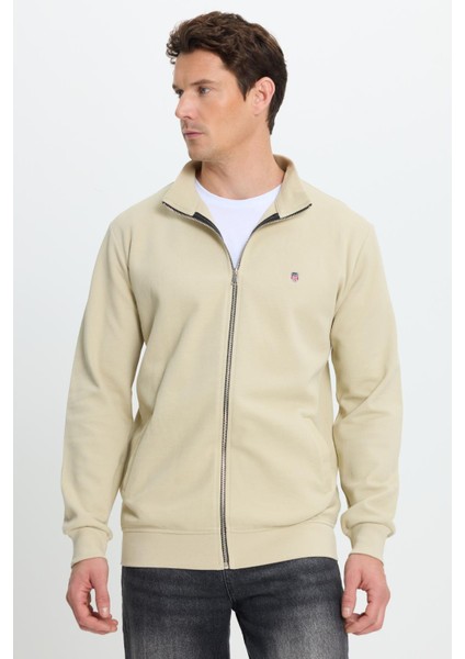 Erkek Slim Fit Dar Kesim Pamuklu Tam Fermuarlı Çift Cepli Dik Yaka Krem Sweatshirt Hırka indirimleri