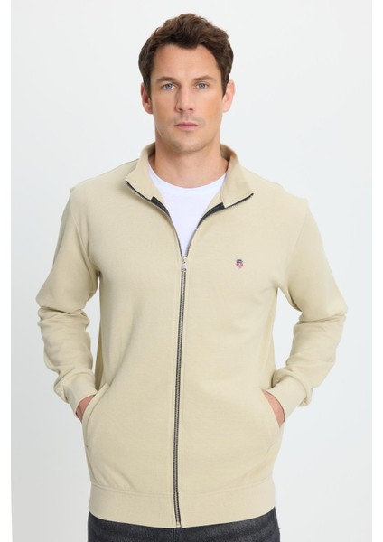 Erkek Slim Fit Dar Kesim Pamuklu Tam Fermuarlı Çift Cepli Dik Yaka Krem Sweatshirt Hırka