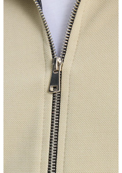 Erkek Slim Fit Dar Kesim Pamuklu Tam Fermuarlı Çift Cepli Dik Yaka Krem Sweatshirt Hırka