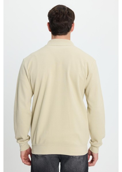 Erkek Slim Fit Dar Kesim Pamuklu Tam Fermuarlı Çift Cepli Dik Yaka Krem Sweatshirt Hırka
