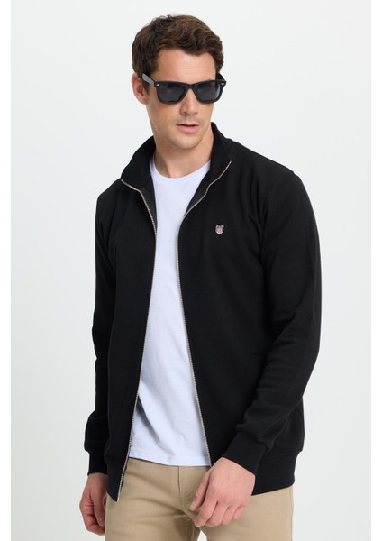 Erkek Slim Fit Dar Kesim Pamuklu Tam Fermuarlı Çift Cepli Dik Yaka Siyah Sweatshirt Hırka