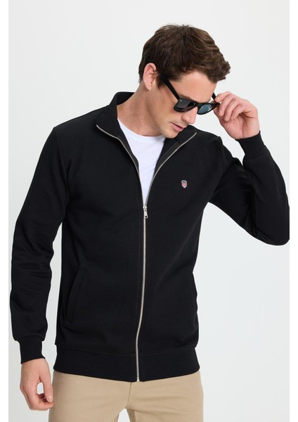 Erkek Slim Fit Dar Kesim Pamuklu Tam Fermuarlı Çift Cepli Dik Yaka Siyah Sweatshirt Hırka fiyatları