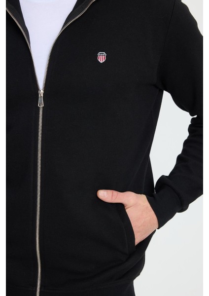 Erkek Slim Fit Dar Kesim Pamuklu Tam Fermuarlı Çift Cepli Dik Yaka Siyah Sweatshirt Hırka modelleri