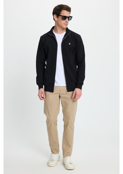 Erkek Slim Fit Dar Kesim Pamuklu Tam Fermuarlı Çift Cepli Dik Yaka Siyah Sweatshirt Hırka fırsatları
