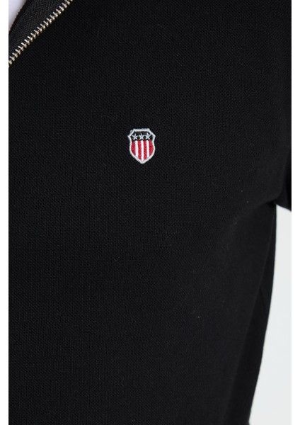 Erkek Slim Fit Dar Kesim Pamuklu Tam Fermuarlı Çift Cepli Dik Yaka Siyah Sweatshirt Hırka