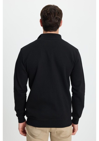 Erkek Slim Fit Dar Kesim Pamuklu Tam Fermuarlı Çift Cepli Dik Yaka Siyah Sweatshirt Hırka