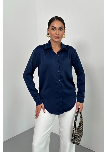 Kadın Gömlek Saten Uzun Kollu Düşük Omuz Düğmeli Şık Gömlek