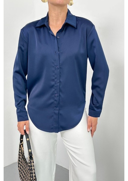 Kadın Gömlek Saten Uzun Kollu Düşük Omuz Düğmeli Şık Gömlek